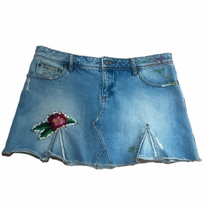 Free People Blue Denim boho bohemian mini Skirt with Floral patch Accents